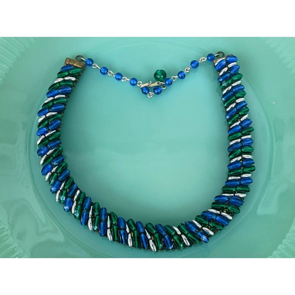 Vintage Choker Blue & Green Beaded Twist 1960s Necklace